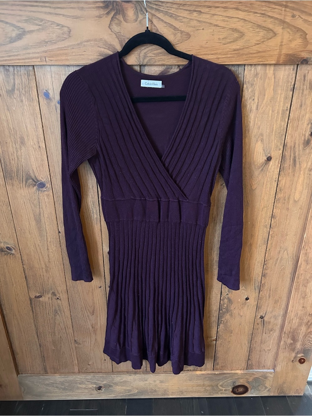 Calvin Klein Plum Ribbed V-Neck Wrap-Style Long Sleeve Dress